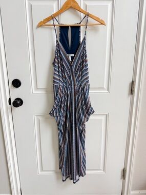 multicolored striped vneck midi dress with draped pockets BCBGeneration